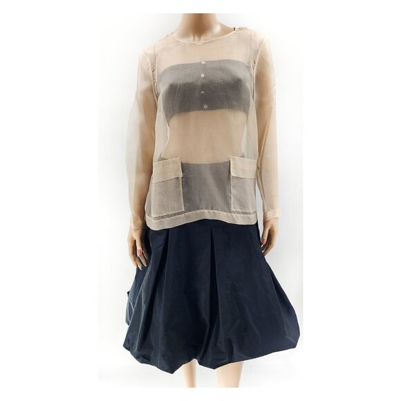 Sheer Long Sleeve Organza Blouse Pockets Beige - Picture 1 of 4